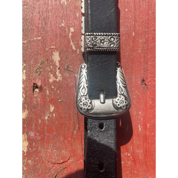 Western-Style Black Leather Belt Ornate Silver Buckle Studded Design by Albatros - Picture 2 of 5